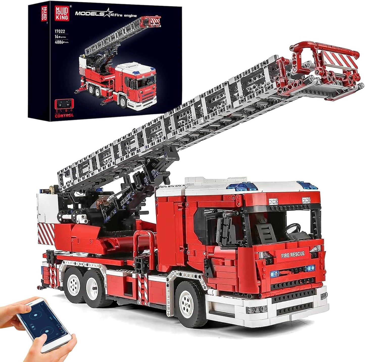 Mould King 17022 RC Technik Feuerwehr Drehleiter Löschfahrzeug Truck MaxiBricks